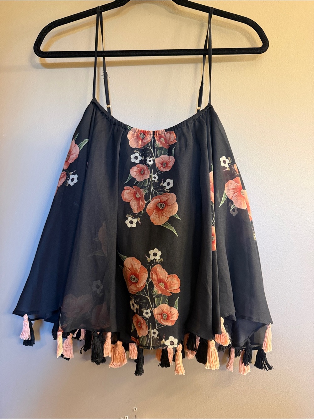 Women’s Black Floral Tassel Spaghetti-Strap Top